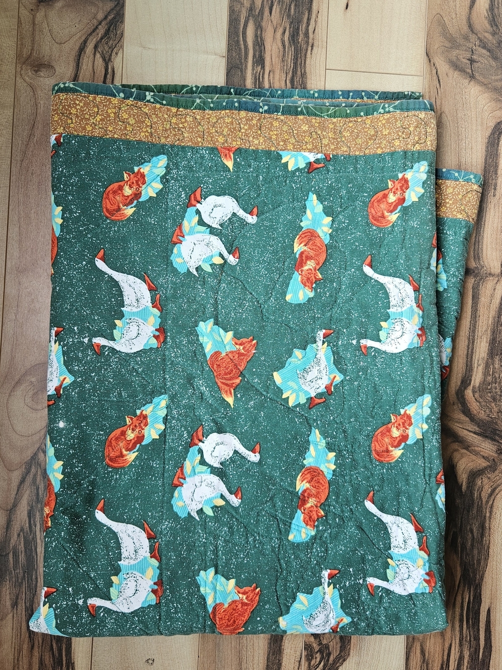 Green Animal Print Quilted Throw with Goose & Cat Motifs